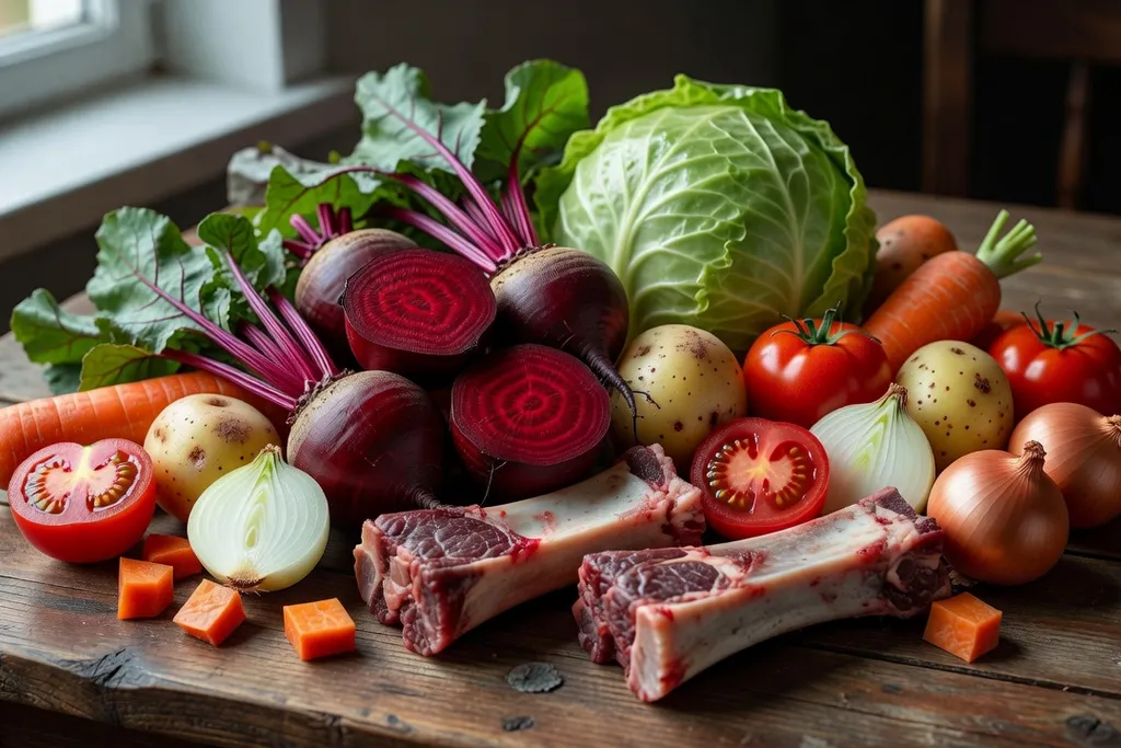 Ingredients du bortsch ukrainien : betteraves rouges, chou, carottes et legumes frais