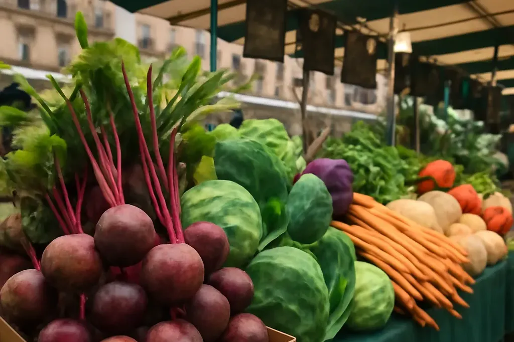 Marché parisien avec légumes pour bortsch, betteraves et choux