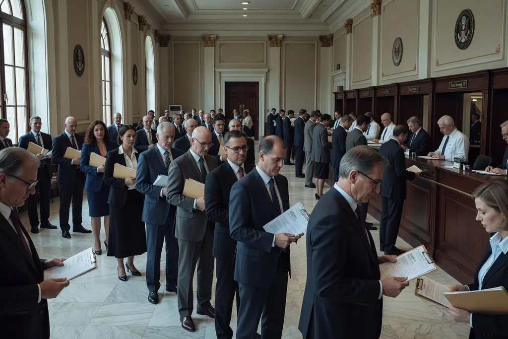 Hall administratif avec personnes en attente, dossiers en main, demarches consulaires