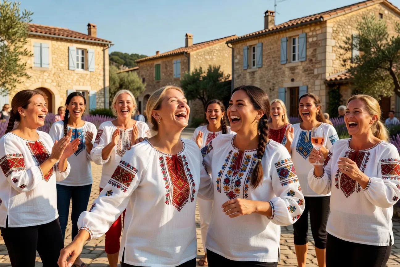 Femmes en chemises brodées vichyvanka lors d'une célébration en France