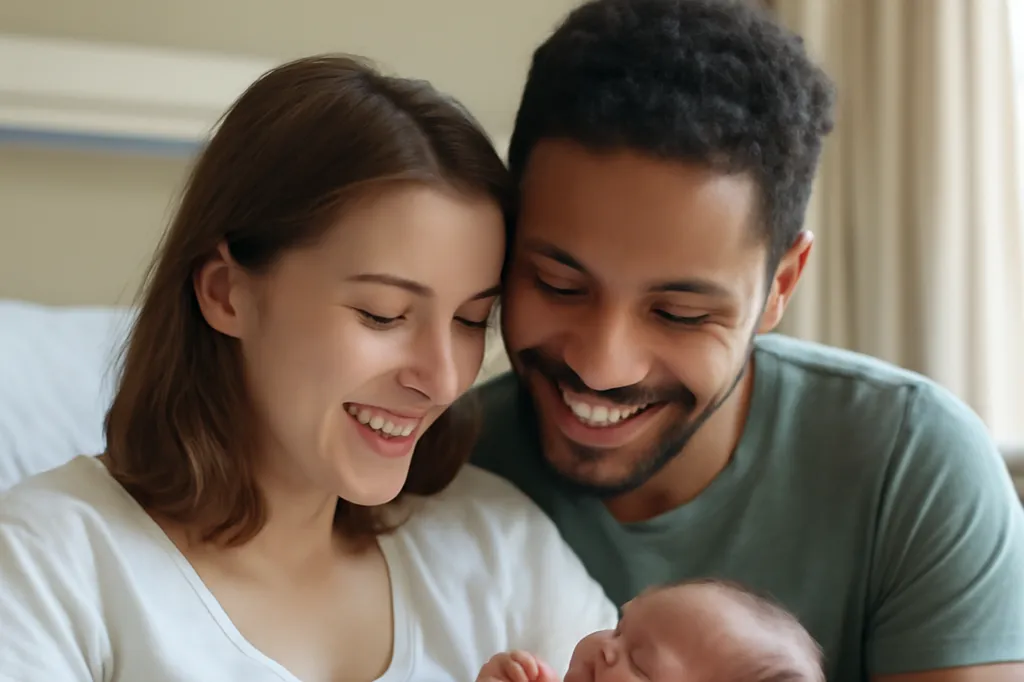 Jeune couple franco-ukrainien avec leur nouveau-né à la maternité