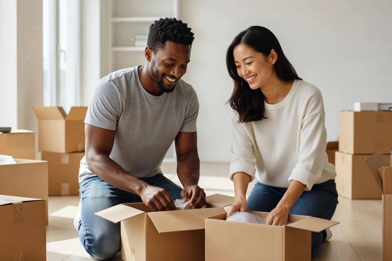 Couple mixte préparant des cartons de déménagement dans un appartement