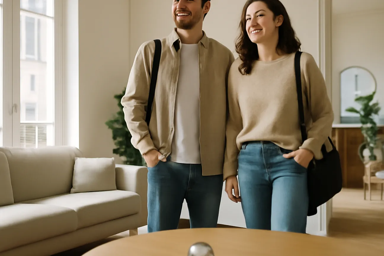 Couple visitant un appartement à louer en France avec agent immobilier
