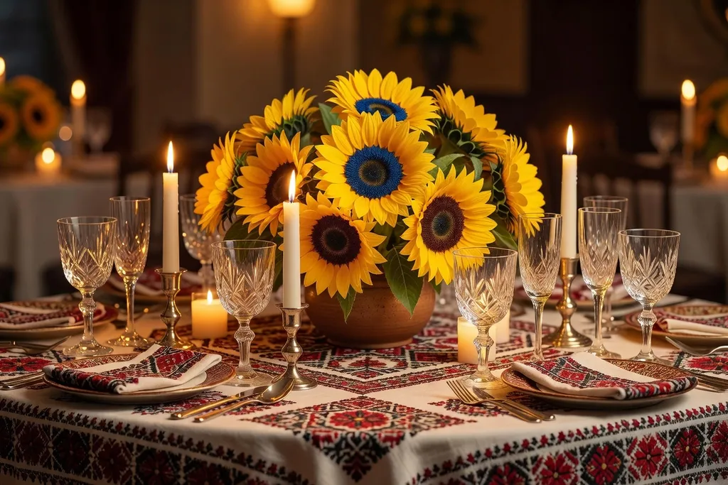 Table de mariage franco-ukrainienne decoree avec broderies vyshyvanka et tournesols