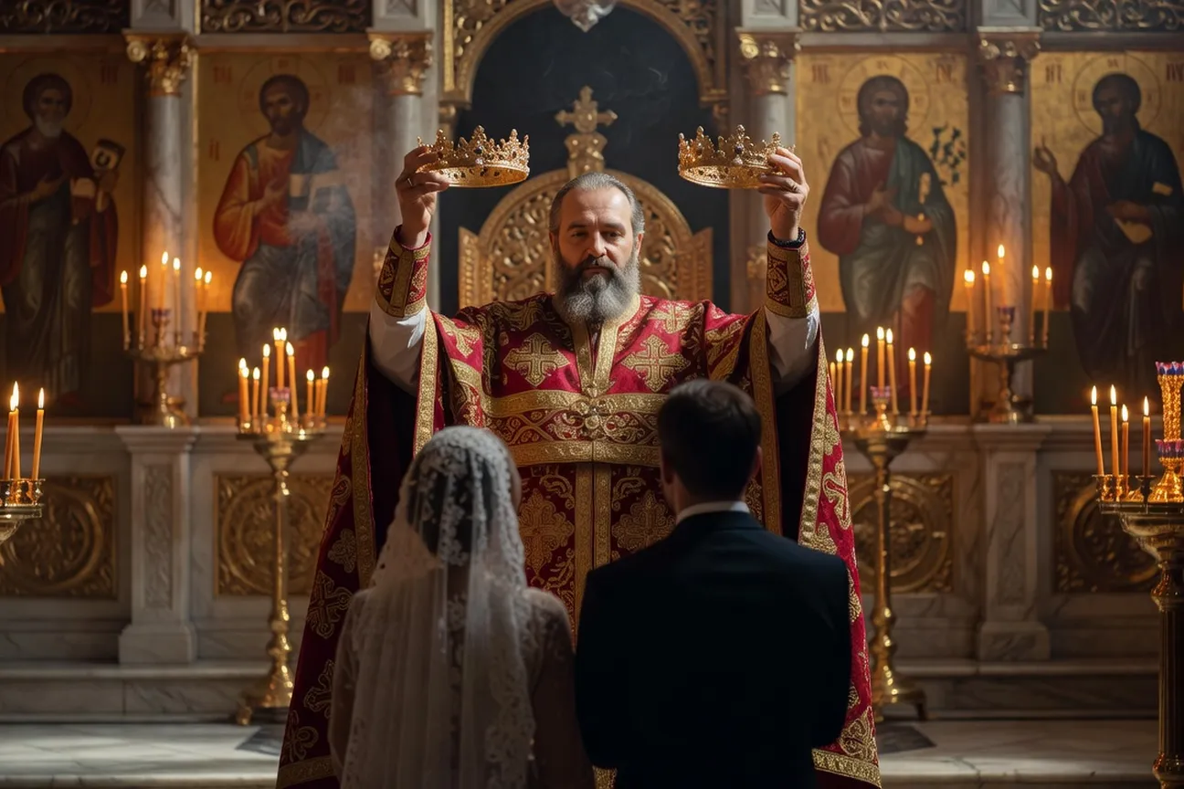 Prêtre orthodoxe ukrainien célébrant un mariage avec couronnes traditionnelles