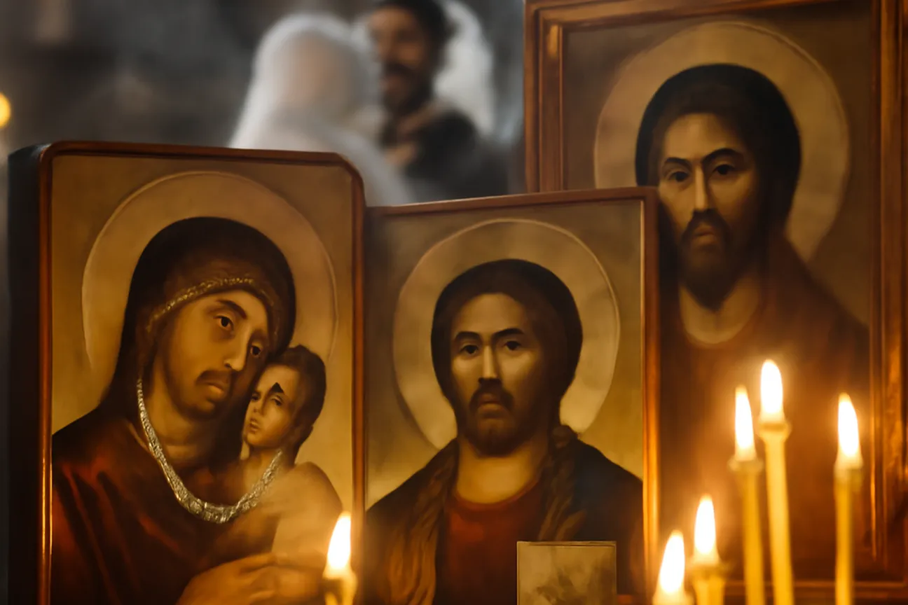 Icônes et bougies dans une église ukrainienne pendant une cérémonie de mariage