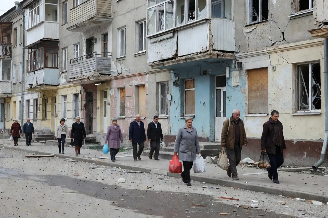 Rue endommagée d'une ville de l'est de l'Ukraine, avec des habitants qui marchent entre des immeubles marqués par les combats