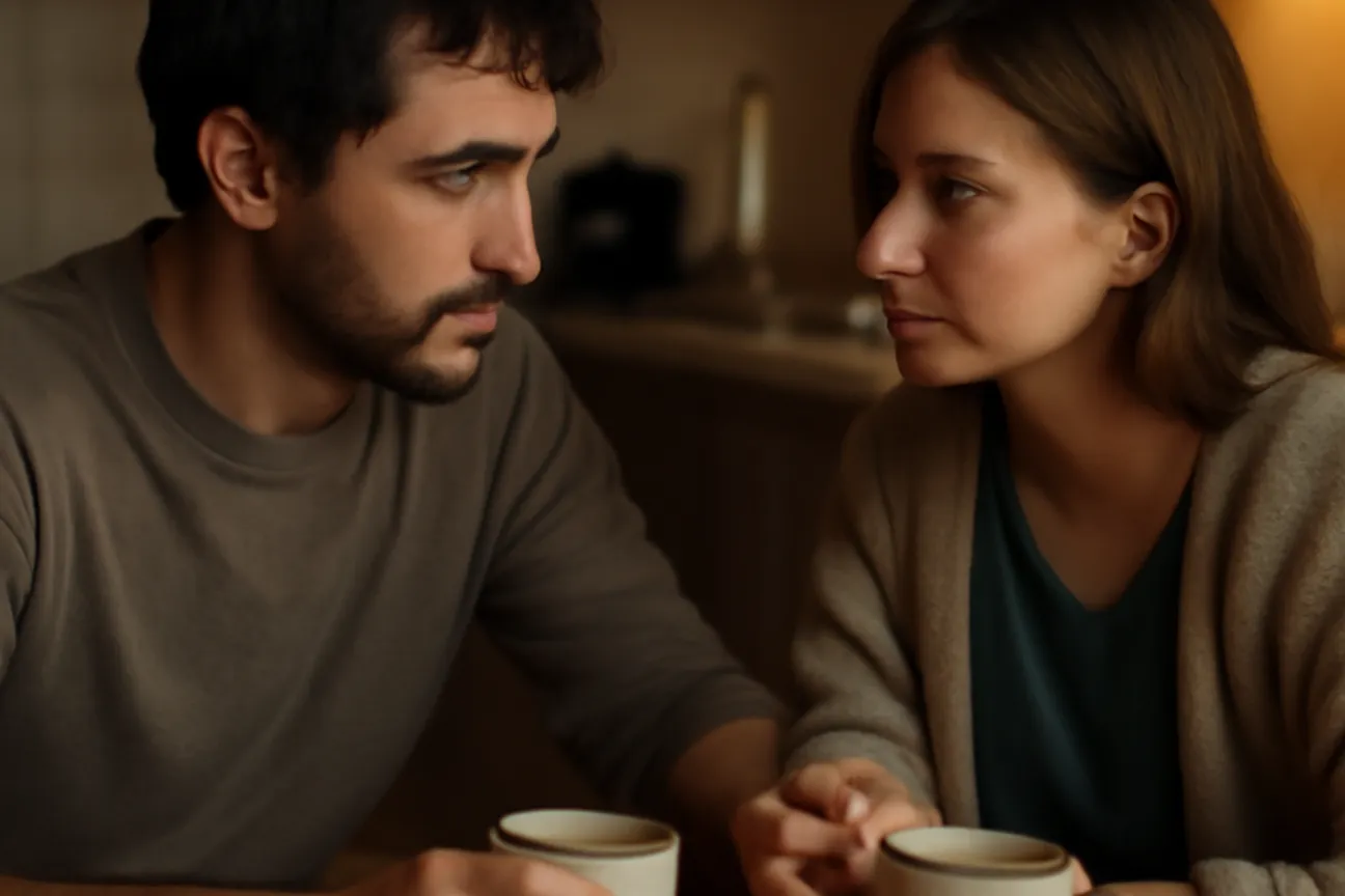 Couple franco-ukrainien en discussion apaisée autour d'une table