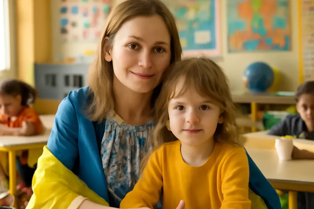Mère ukrainienne et enfant dans une école française
