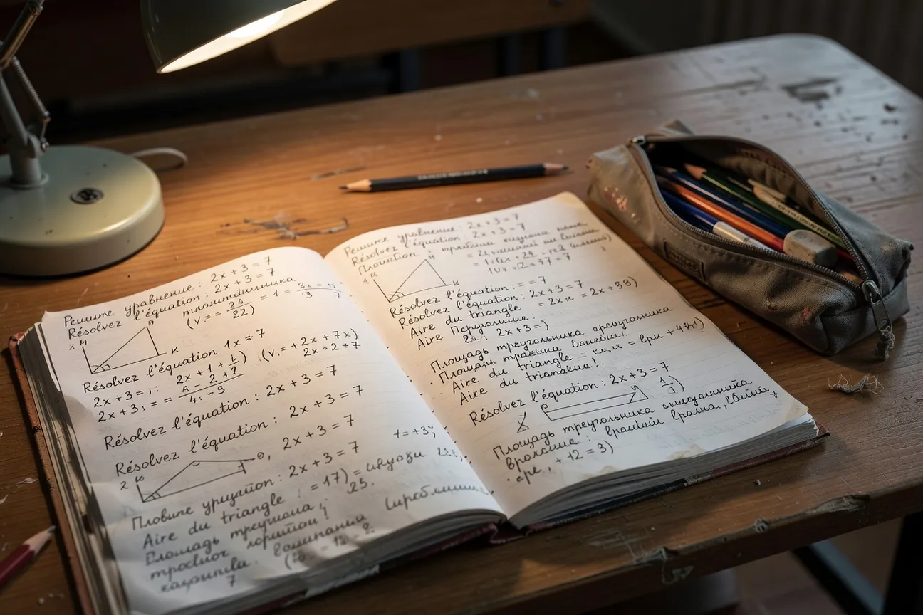 Cahier d'exercices de mathématiques avec formules et écriture cyrillique