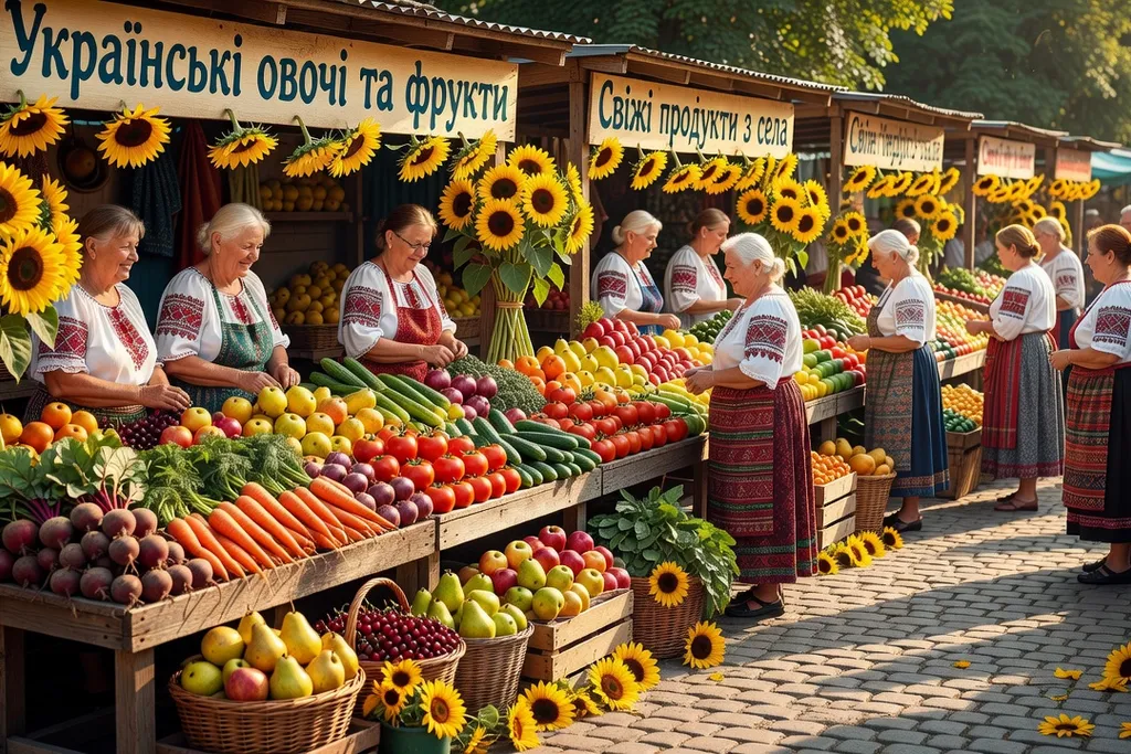 Marché ukrainien traditionnel avec étals de légumes colorés et ambiance festive