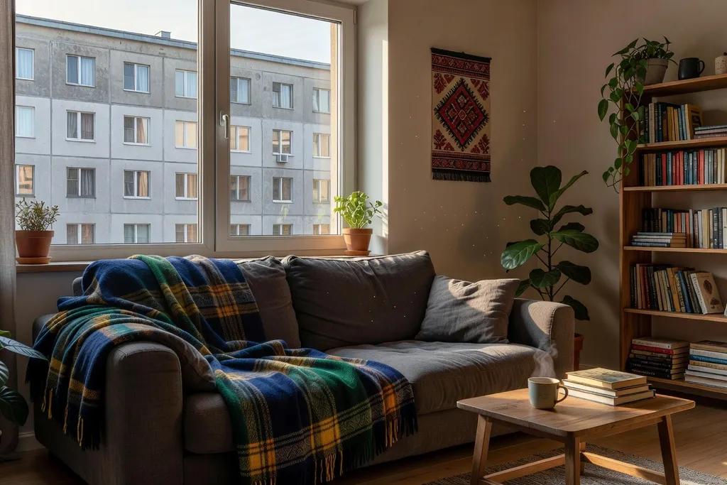Intérieur d'un appartement ukrainien moderne, cosy avec canapé et vue sur des immeubles reconvertis