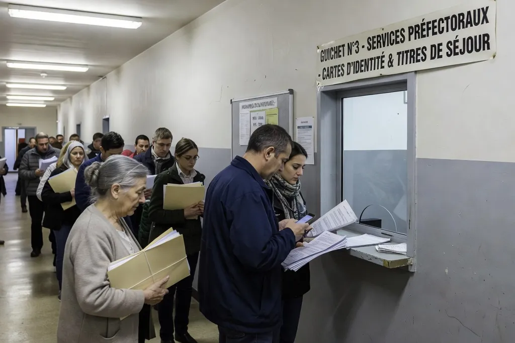 File d'attente devant un guichet de prefecture francaise, personnes avec dossiers
