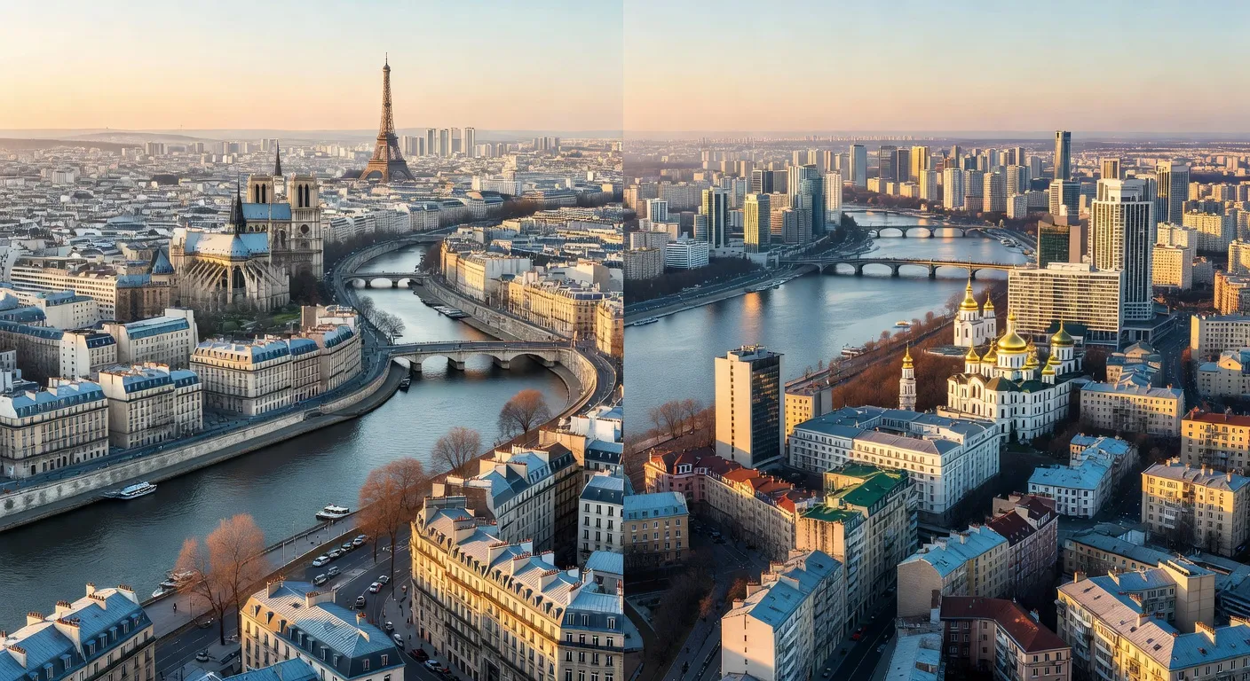 Vue aerienne Paris et Kyiv - comparaison France Ukraine