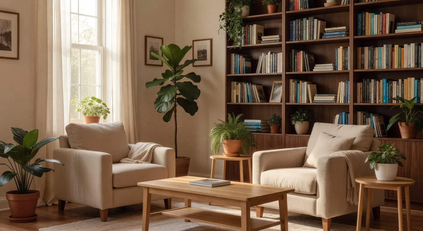 Bureau de cabinet de psychologie, ambiance professionnelle chaleureuse