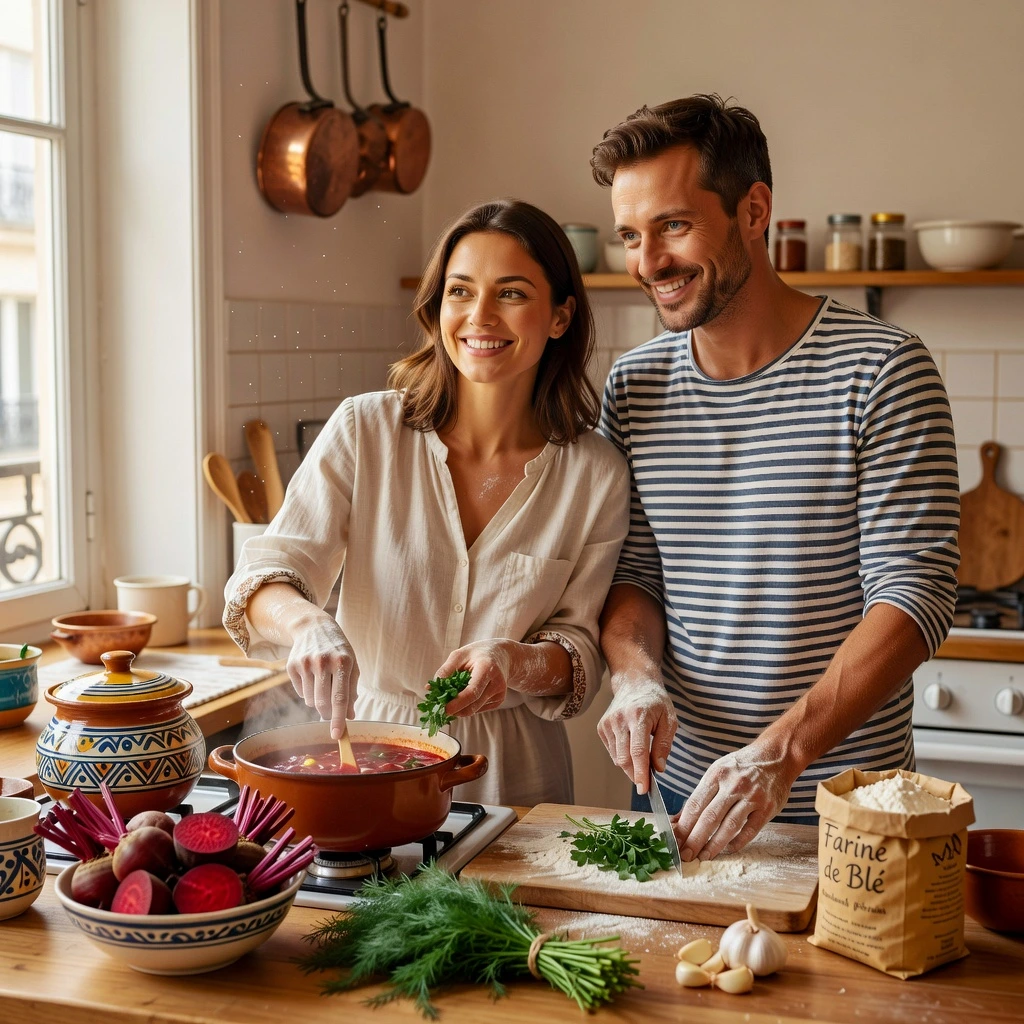 Couple franco-ukrainien partageant un moment de cuisine au quotidien