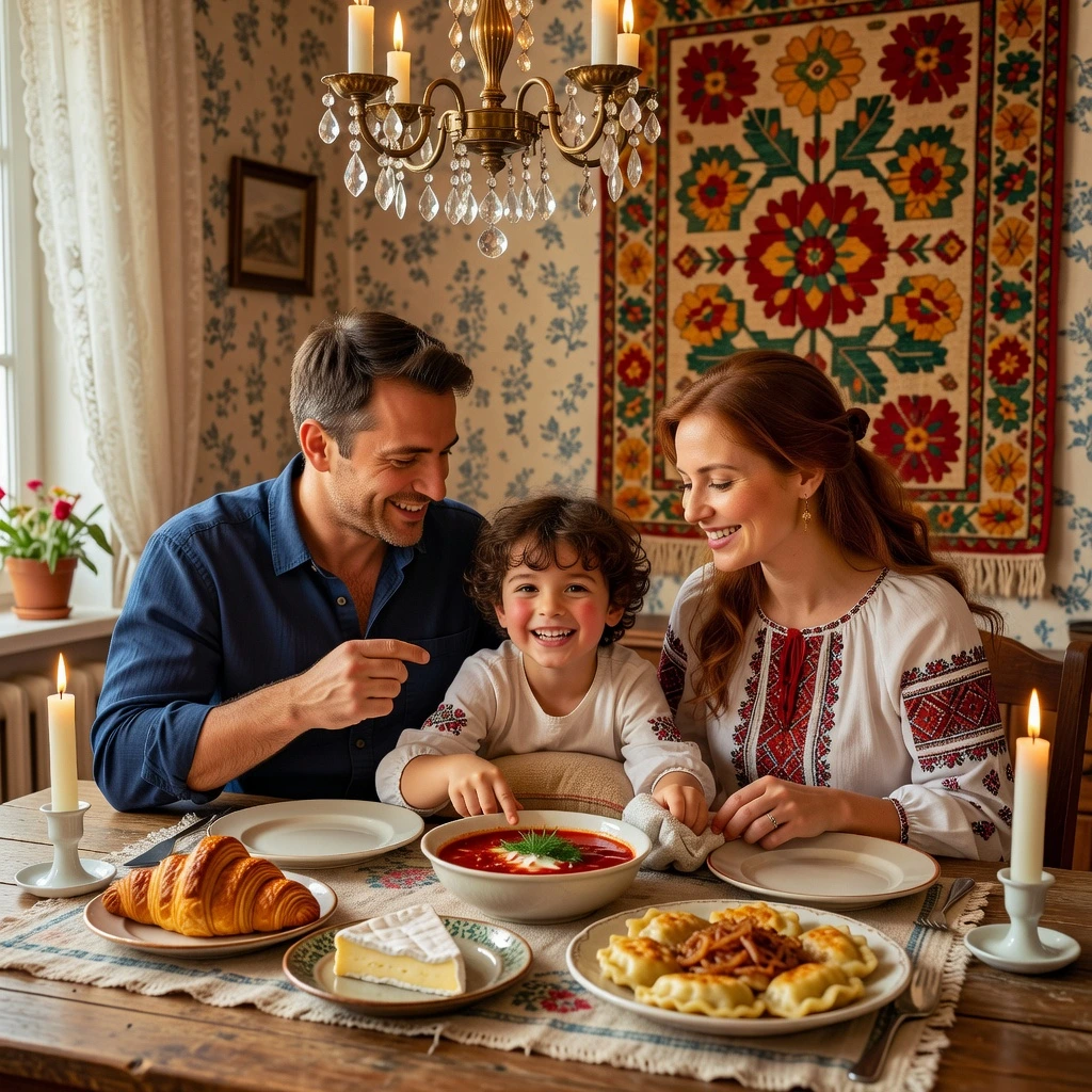 Famille franco-ukrainienne partageant un repas convivial