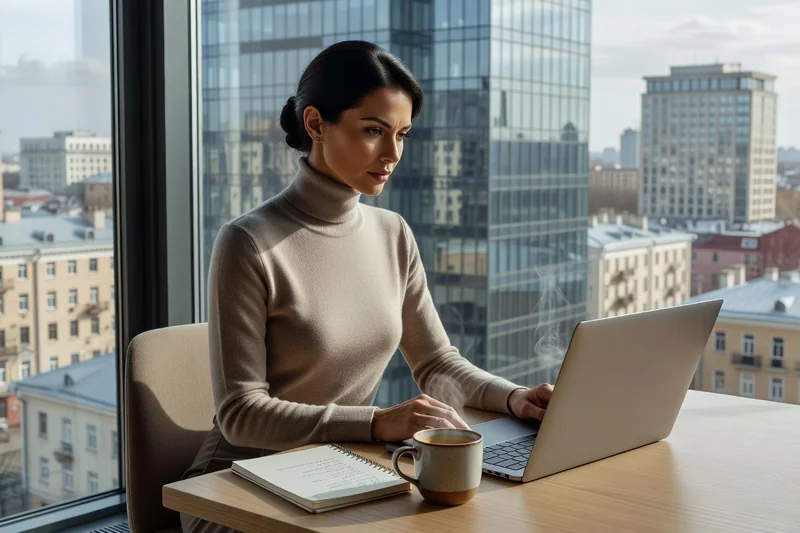 Femme ukrainienne adulte élégante travaillant en télétravail sur un ordinateur portable, appartement moderne de Kyiv visible par la fenêtre