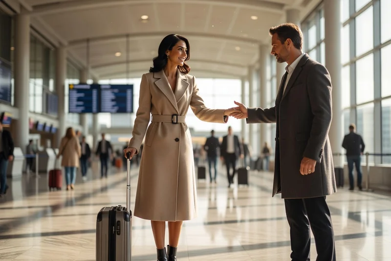 Couple mixte franco-ukrainien adulte se retrouvant avec émotion dans le hall lumineux d'un aéroport, valise à roulettes à côté d'eux