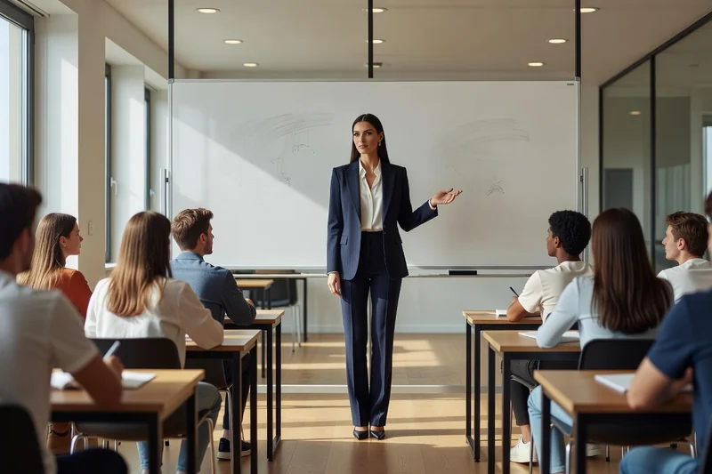 Professeure adulte élégante devant un tableau blanc dans une salle de classe moderne, face à des jeunes adultes attentifs