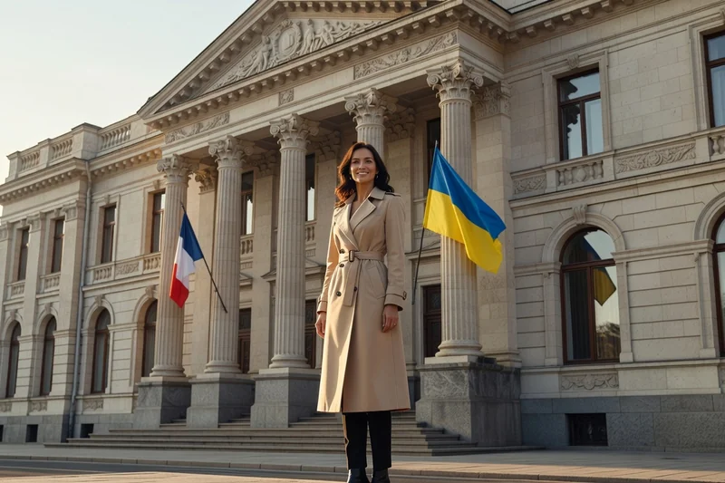 Femme ukrainienne adulte élégante souriante devant un bâtiment classique avec colonnes, drapeaux français et ukrainien à l'entrée, lumière du matin