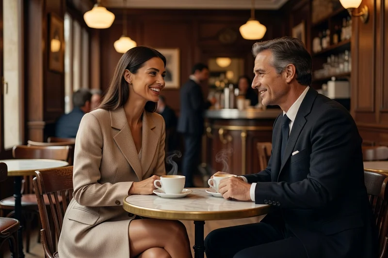 Femme ukrainienne adulte élégante conversant joyeusement avec un homme français dans un café parisien typique, tasses de café fumantes sur la table