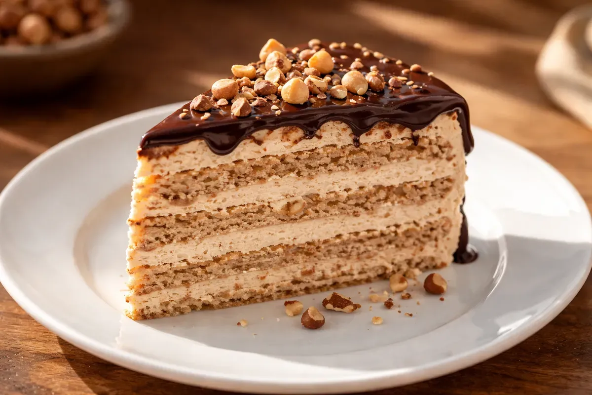 Part de gâteau de Kiev sur une assiette blanche, montrant les couches de meringue aux noisettes et de crème au beurre, glaçage au chocolat brillant et noisettes concassées, vue de trois quarts