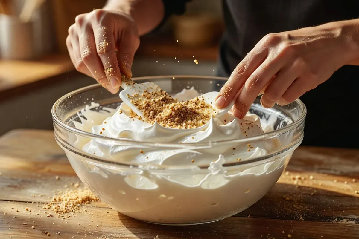 Mains incorporant délicatement de la poudre de noisettes dans une meringue blanche brillante à la spatule, dans un grand bol en verre sur un plan de travail en bois