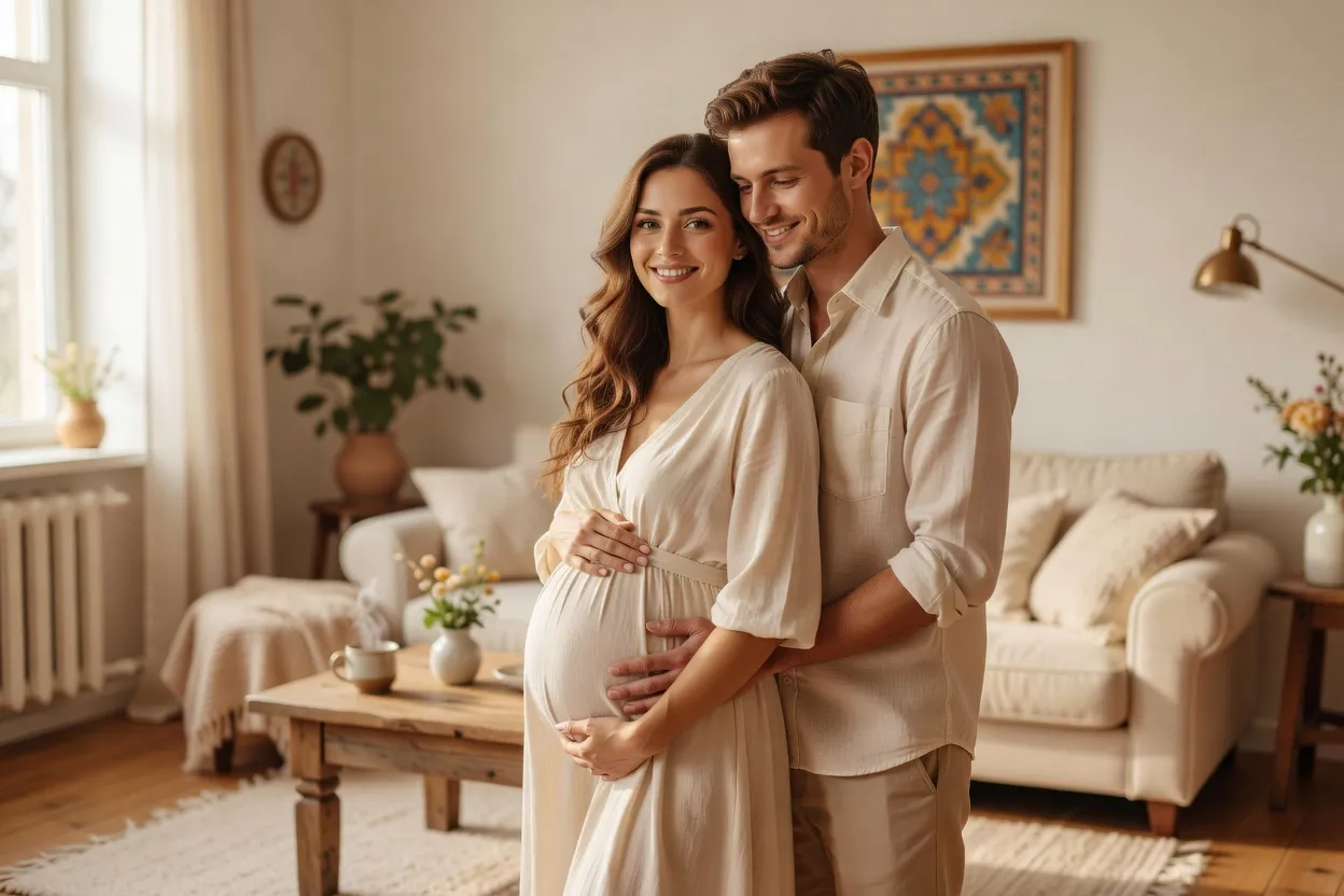 Couple franco-ukrainien préparant la naissance de son enfant avec une sage-femme en France