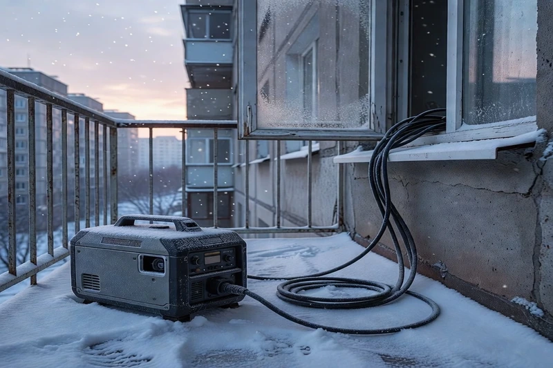 Générateur électrique portable posé sur un balcon enneigé d'un immeuble ukrainien, câble épais passant par une fenêtre entrouverte, flocons de neige dans la lumière du matin