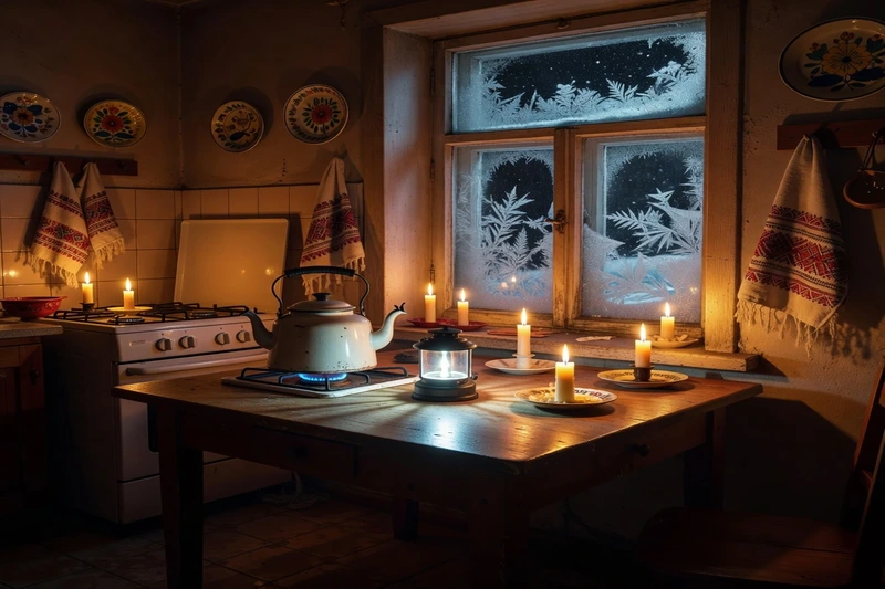 Cuisine ukrainienne pendant une coupure de courant en hiver : bouilloire sur une gazinière allumée, bougies et lanterne de camping sur la table, givre dessinant des motifs sur la fenêtre