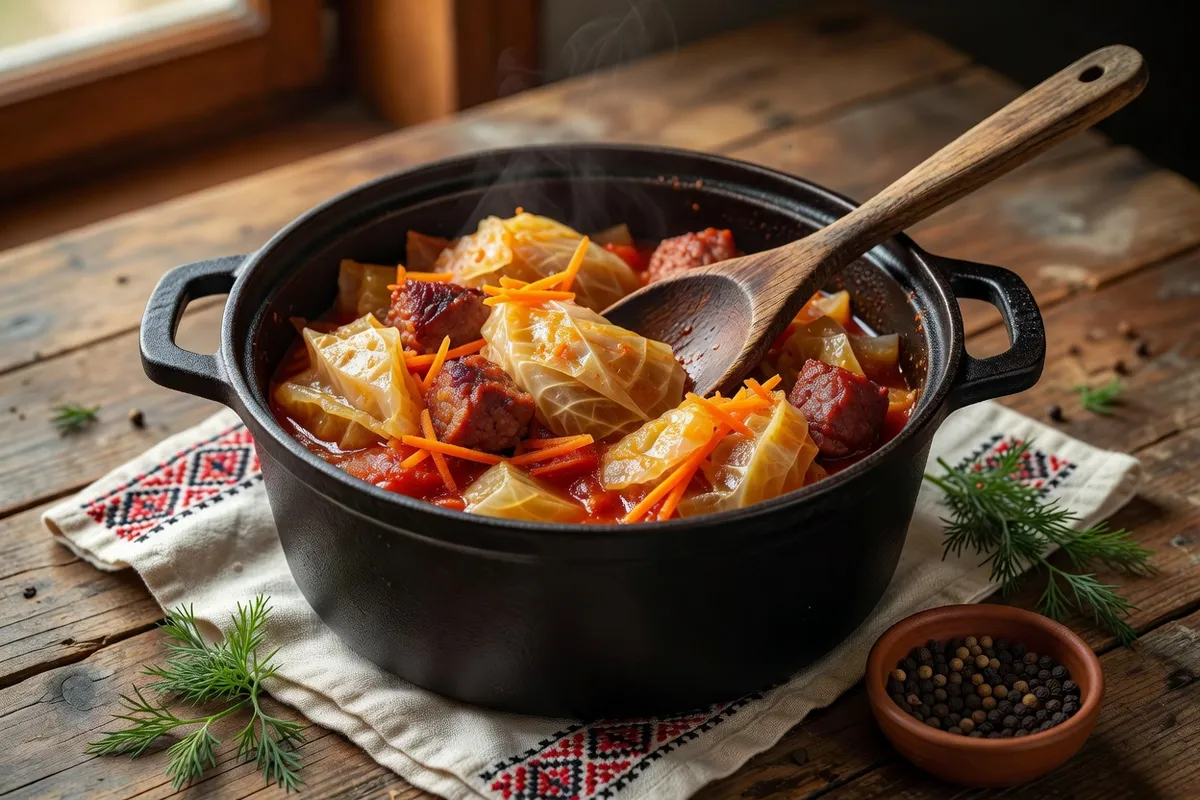 Cocotte en fonte de chou blanc braisé à la carotte et à la tomate, morceaux de saucisse fumée et cuillère en bois, posée sur un torchon de lin brodé