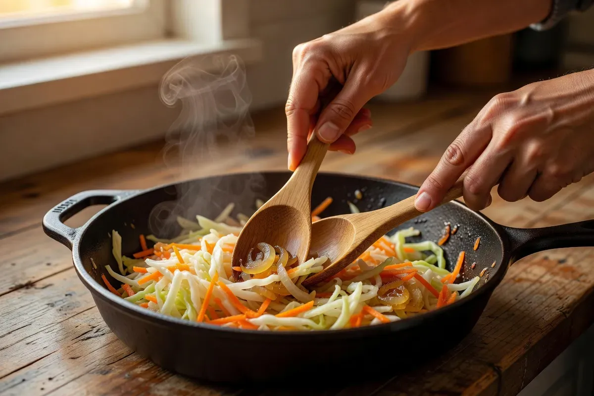 Mains remuant avec une cuillère en bois du chou blanc émincé dans une grande sauteuse avec carottes râpées et oignons dorés