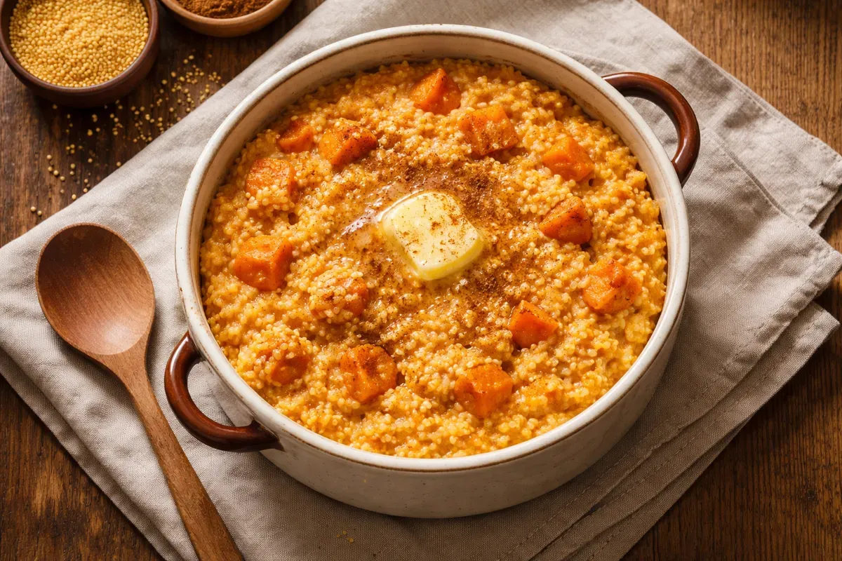 Plat en céramique de kasha de millet orange au potiron, surface dorée, posé sur une nappe en lin avec une noix de beurre fondant et une pincée de cannelle, vue en plongée