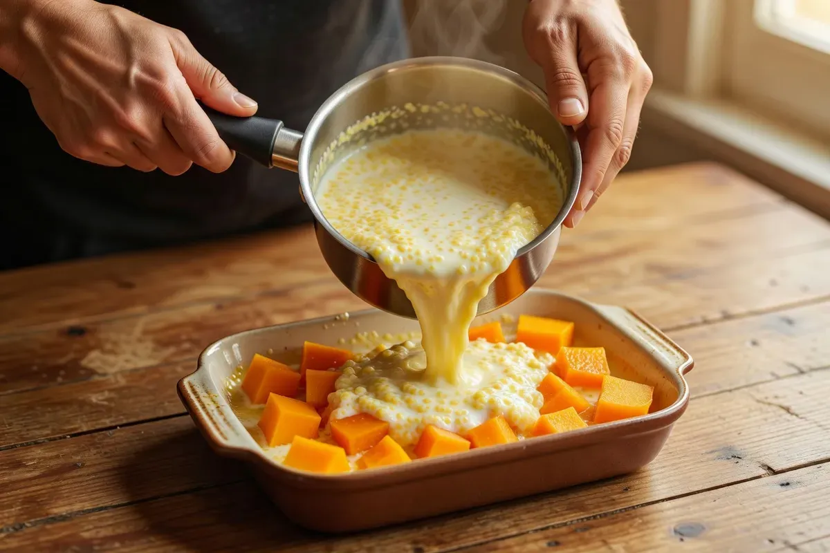 Mains tenant une casserole de millet cuit dans le lait au-dessus de dés de potiron orange rangés dans un plat à four beurré sur une table en bois