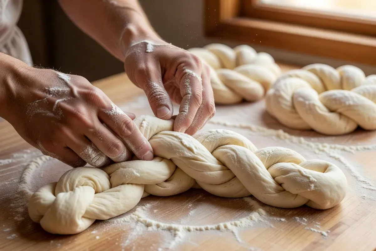 Mains de boulanger tressant trois cordons de pâte brioché sur un plan de travail fariné, avec deux autres anneaux de pâte tressés au second plan