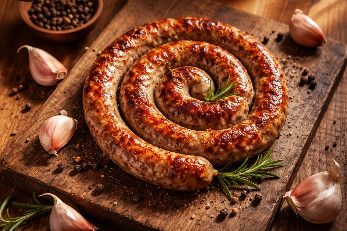 Saucisse de porc dorée enroulée en spirale sur une planche en bois, avec gousses d'ail frais et poivre noir en grains posés à côté, vue de dessus