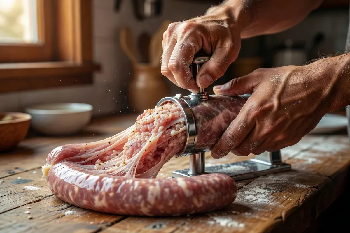 Mains poussant de la farce de porc rose dans un boyau naturel à l'aide d'un poussoir à saucisses sur un plan de travail en bois