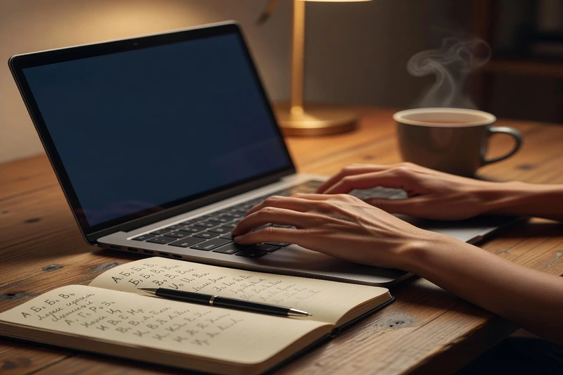 Mains d'une femme tapant sur un ordinateur portable à écran sombre, carnet ouvert avec des exercices d'alphabet cyrillique manuscrit et tasse de thé fumant sur un bureau en bois