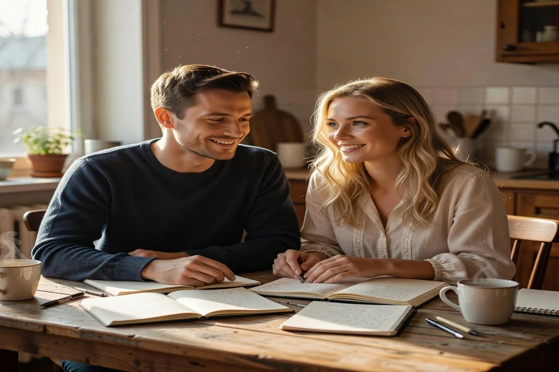Couple mixte souriant révisant du vocabulaire ensemble à une table de cuisine en bois, carnets manuscrits ouverts et tasses de café devant eux, lumière du matin