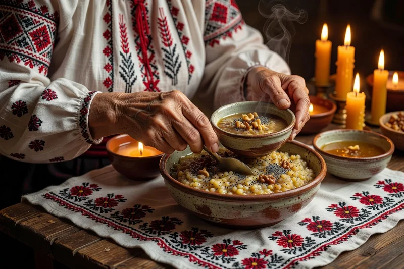 Mains d'une femme âgée en blouse brodée servant la kutia, pudding de blé au miel, pavot et noix, dans des bols de céramique sur un rushnyk blanc à motifs rouges, bougies allumées
