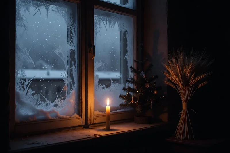 Bougie de cire allumée sur le rebord d'une fenêtre givrée la nuit de Noël, neige tombant dehors, petit sapin décoré et gerbe de blé didukh dans la pièce sombre