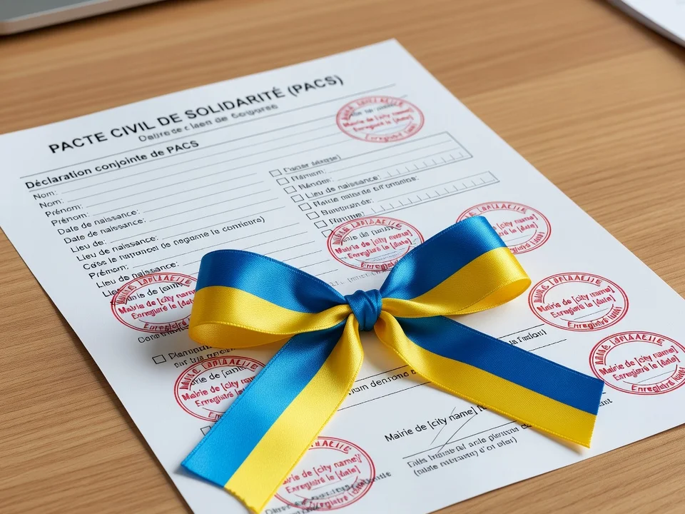 Formulaire de PACS français avec tampons officiels et ruban aux couleurs ukrainiennes