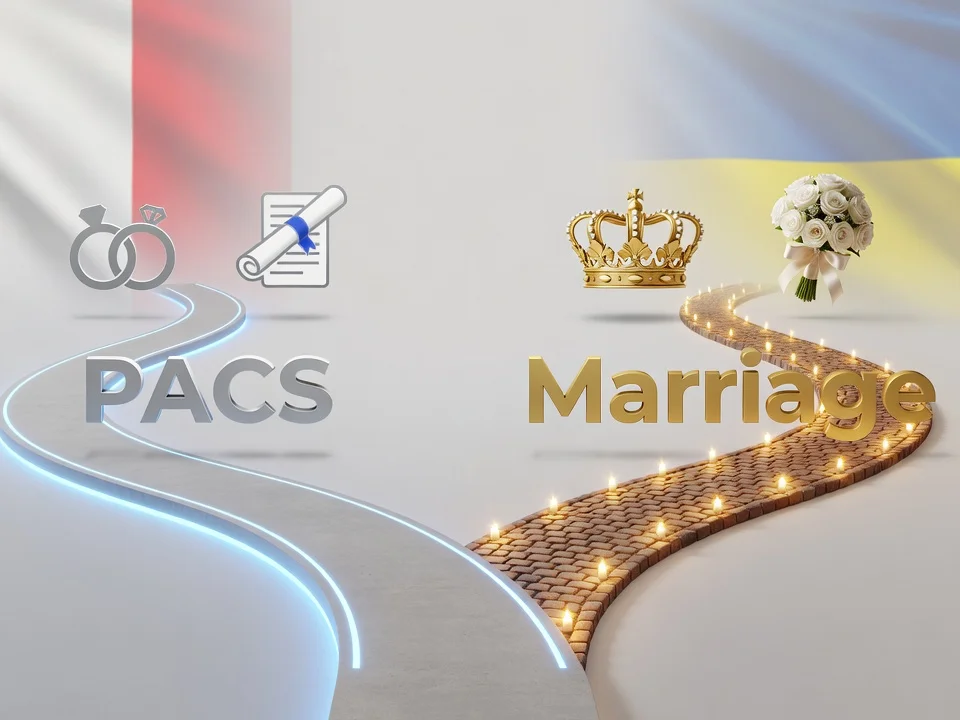 Représentation conceptuelle comparant le PACS et le mariage avec des chemins séparés et drapeaux franco-ukrainiens