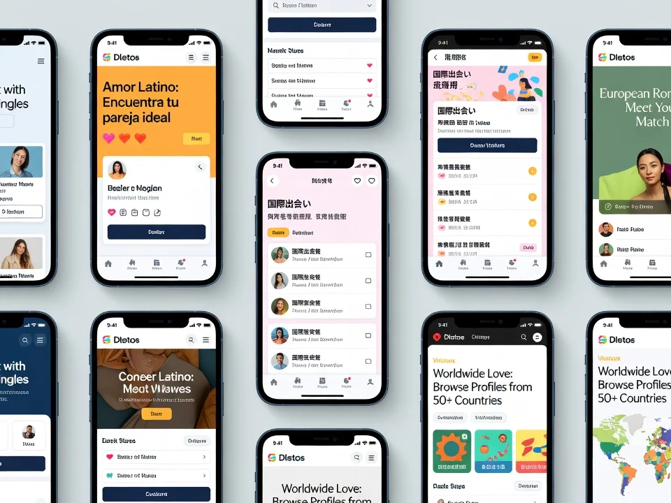 Plusieurs écrans de smartphones affichant des interfaces de sites de rencontre internationaux