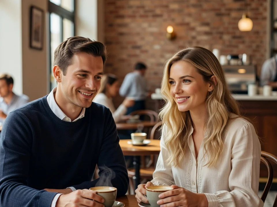 Couple franco-ukrainien se rencontrant pour la première fois dans un café lumineux
