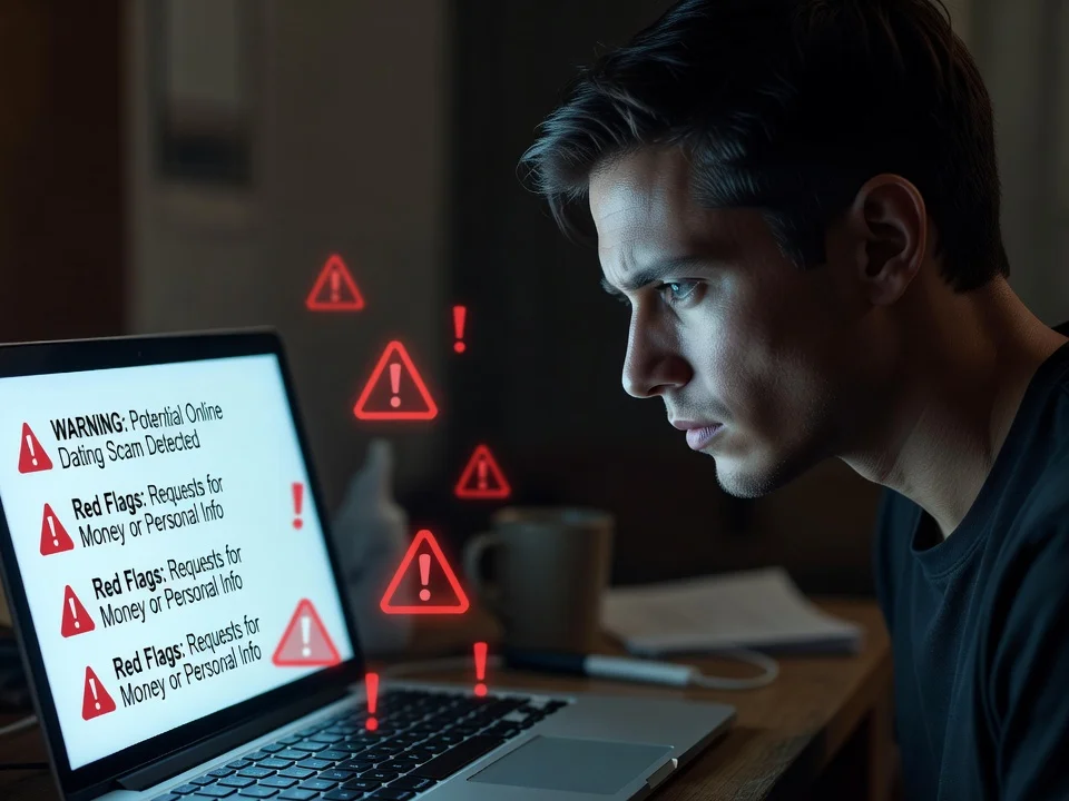 Personne devant un ordinateur portable affichant des alertes de sécurité sur une arnaque en ligne