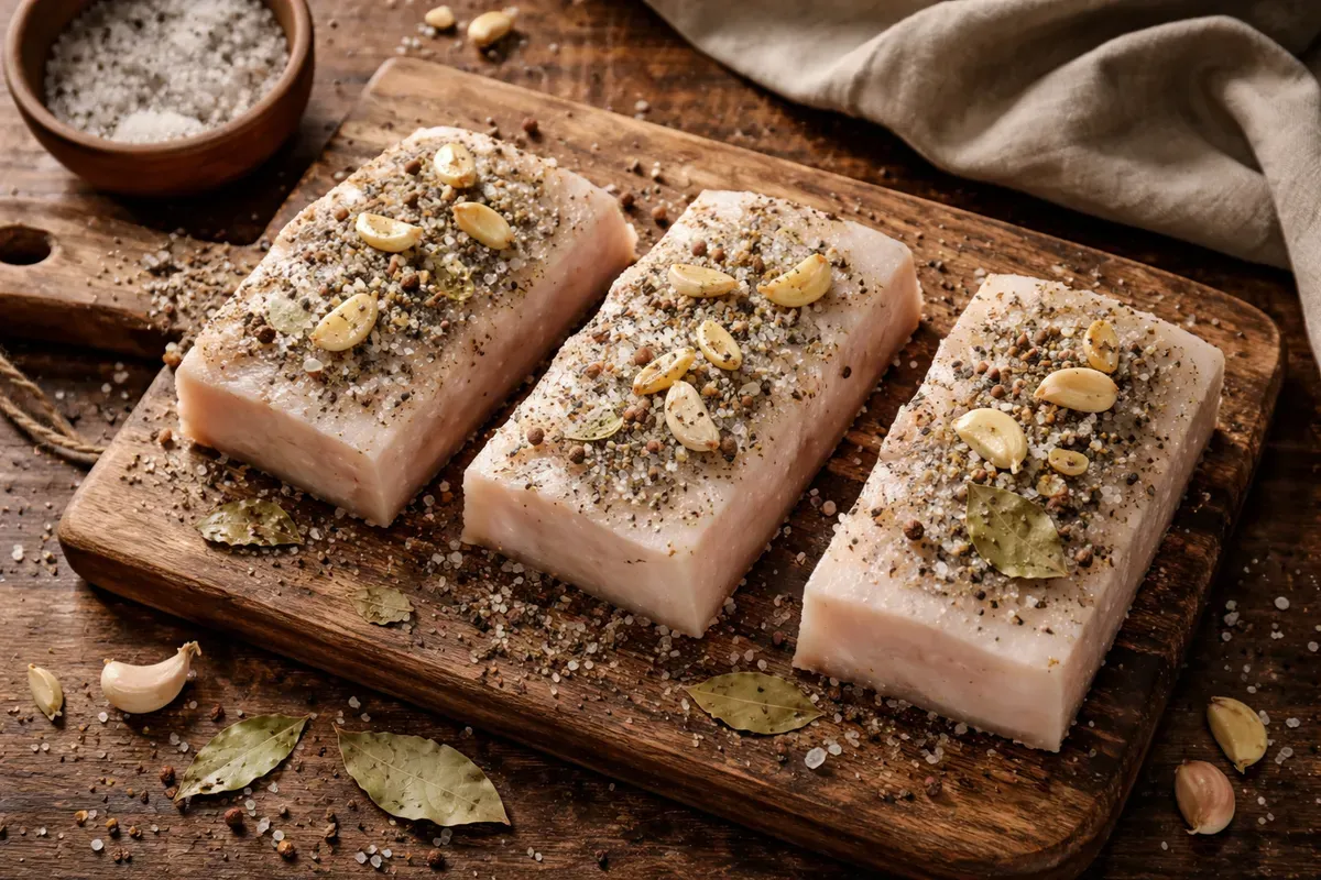 Morceaux de lard dorsal de porc salés posés sur une planche en bois, couverts de gros sel, de lamelles d'ail et de poivre concassé, vus du dessus
