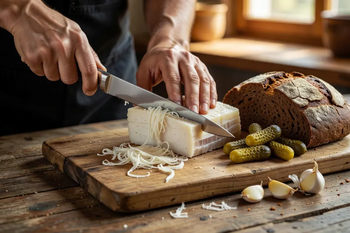 Mains tranchant en lamelles très fines un bloc de salo blanc sur une planche en bois, avec du pain de seigle et des cornichons à côté