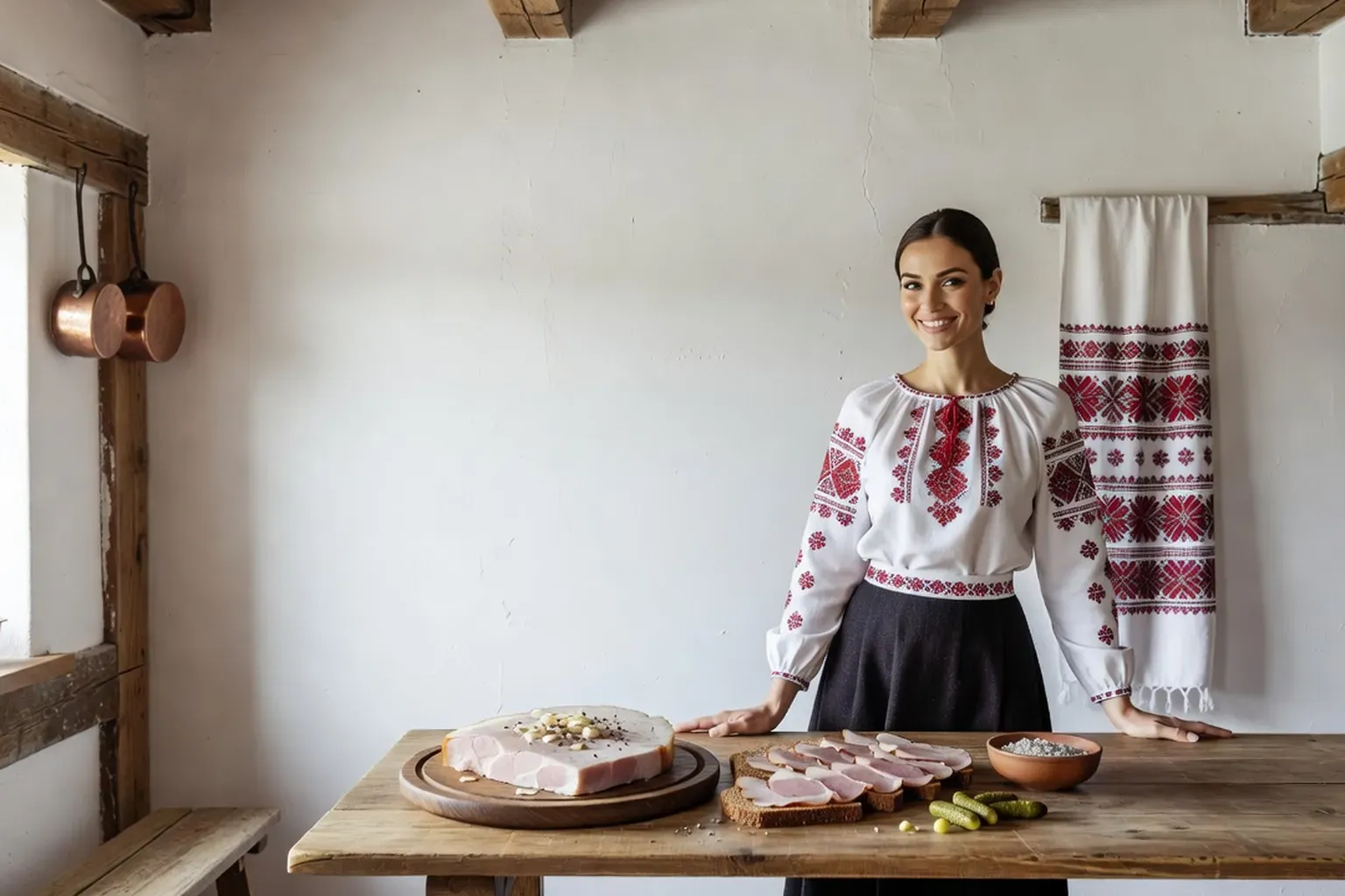 Cuisine ukrainienne lumineuse avec un rushnyk brodé au mur, femme en vyshyvanka blanche souriant derrière une table en bois où reposent des tranches de salo sur du pain de seigle